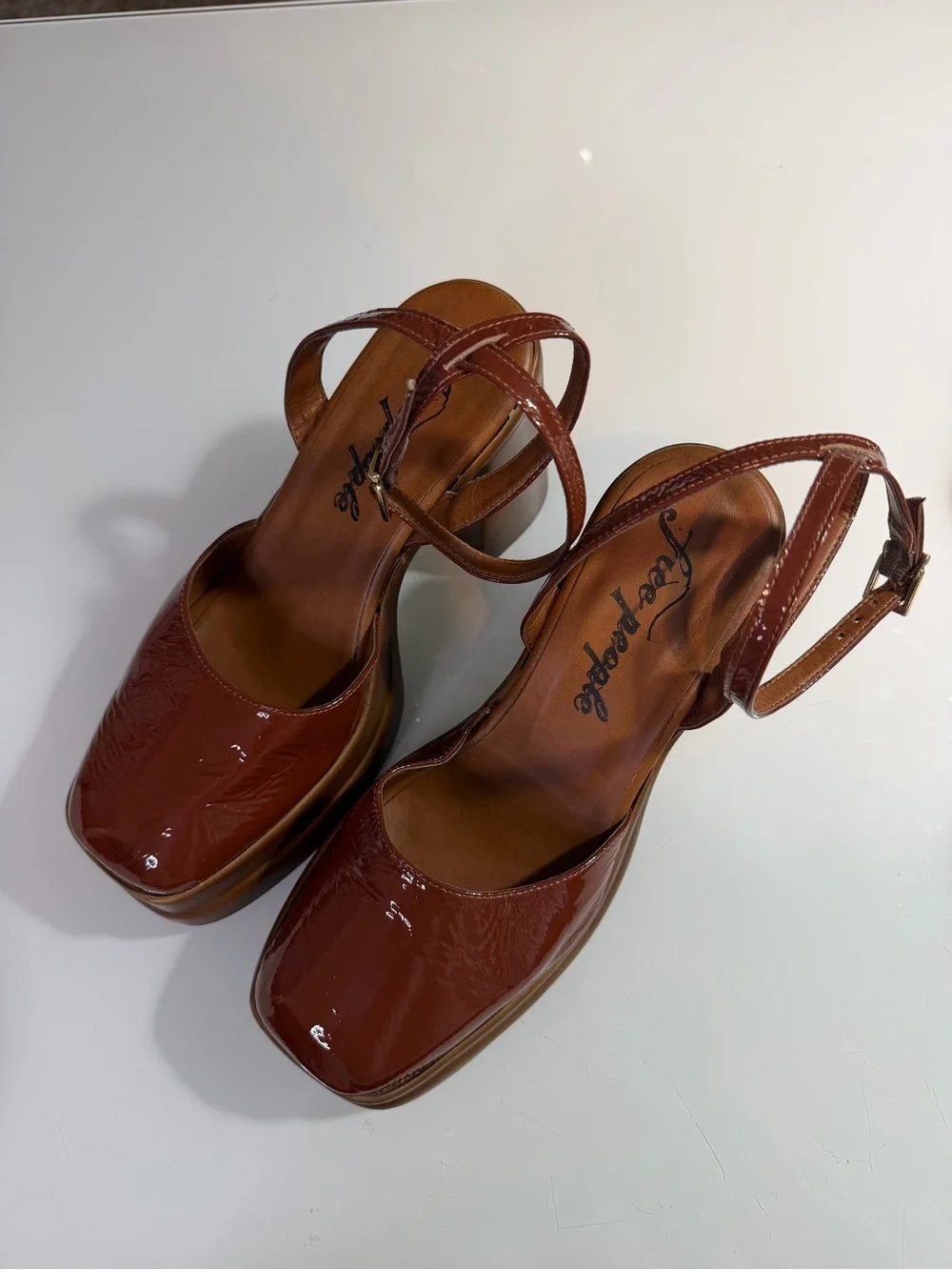 Free People Patent Leather Platform Sandals in Cognac Brown